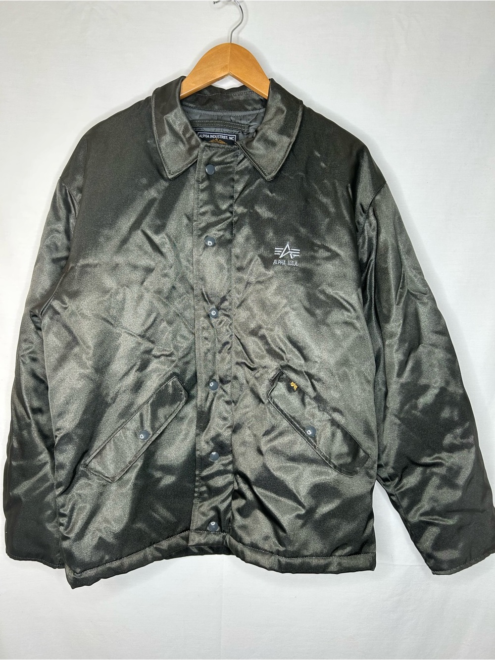 Alpha Industries Vintage Metallic Gunmetal Gray Mil Spec Flight Jacket Size Lg